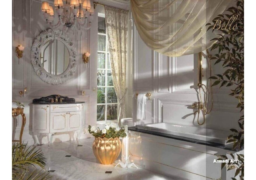 ארון אמבטיה מעוצב בגוון לבן עם דקורים בזהב