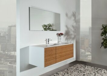 ארון אמבטיה קיוביק עם מסגרת בצבע אפוקסי לבן וחזית עץ במבוק