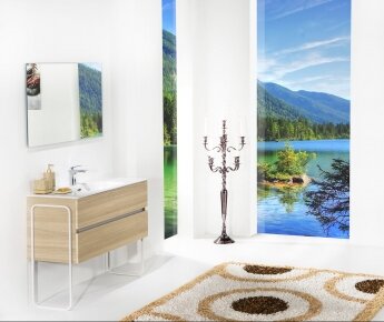 ארון אמבטיה תלוי דגם VALLESSI DUE אלון עם כיור לבן מט ורגלי מתכת לבנות